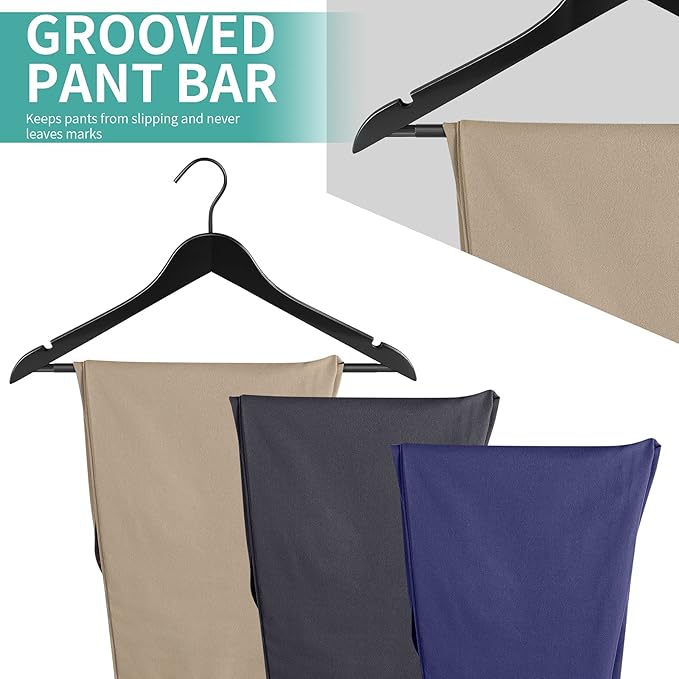 Grade A Real Wood Hangers 20 Pack, Suit, Coat, Solid Wood Construction, Smooth Finishes, Non-Slip Pants Bars, Soft Coated Hooks, 360° Swivel Hooks, Premium Quality Wooden Hangers (Black)