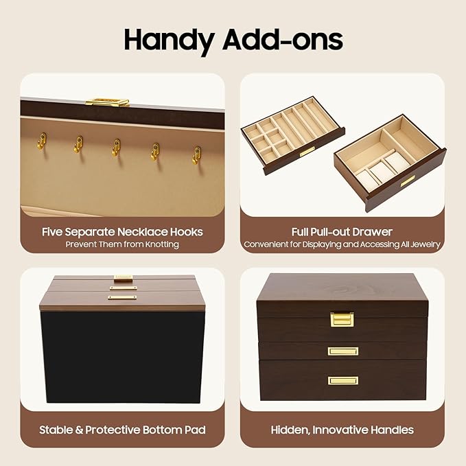 LOYALHEARTDY 3 Layers Wooden Jewelry Box Drawer, Large Jewelry Box Organizer for Women for Ring Necklace Earring Bracelet Organizer Storage Display Box (Black Walnut)