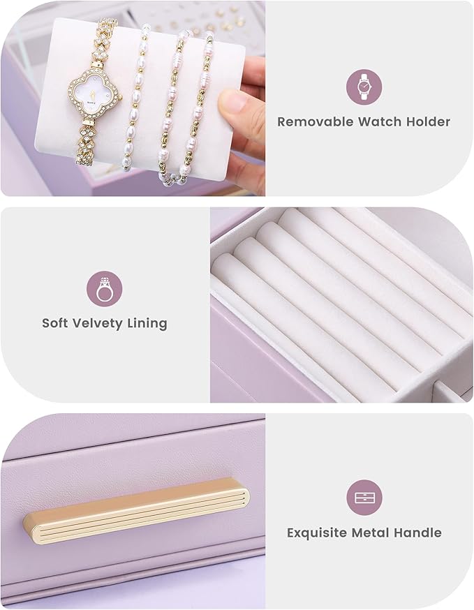 Lolalet 2-Layer Jewelry Boxes Organizer for Women Girls, Jewelry Storage Case Holder with Drawers for Necklaces Rings Earrings Bracelets Watches, Gifts Choice for Girlfriend Wife -Purple