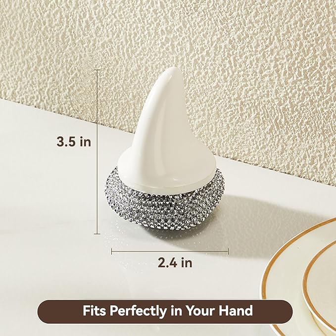 JESFORMYA Steel Wool Scrubber with Handle, 3 Refill Pads – Heavy Duty Cleaner for Dishes, Cast Iron, Pots, Pans & Grills (White)