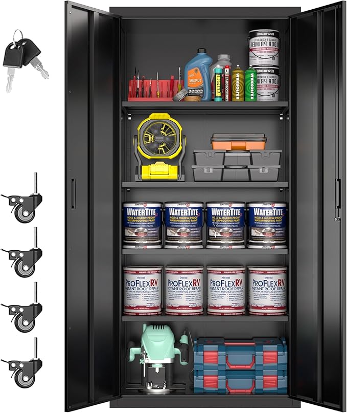 Garage Storage Cabinets with Wheels,Metal Storage Cabinet with Adjustable Shelves forGarage Office Home Warehouse, Assemble Required, Black,15.71" D x 31.57" W x 73" H