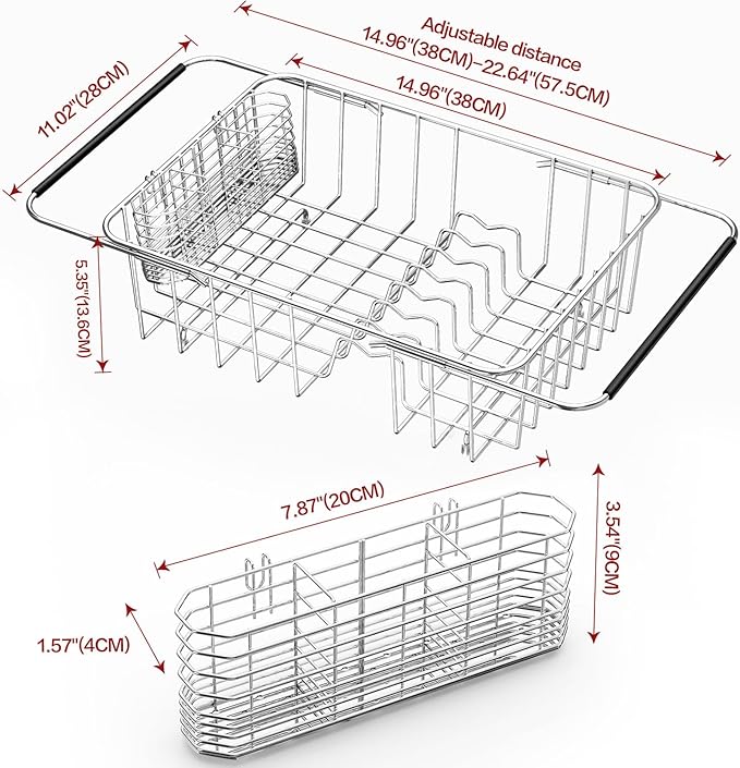 YZPGBT Large Dish Drying Rack in Sink Expandable, Adjustable 304 Stainless Steel Metal Dish Drainer Rack Organizer with Stainless Steel Utensil Holder Over Inside Sink Counter, Rustproof