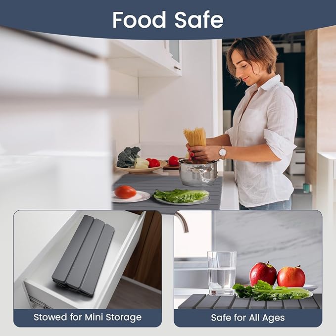Meowoo Stone Drying Mat for Kitchen Counter, 15.7"x11.8" Foldable Diatomaceous Earth Mat, Super Absorbent, Quick-Dry Bath & Kitchen Pad for Dishes, Cups, Non-Slip, Fits Any Countertop - Dark Gray
