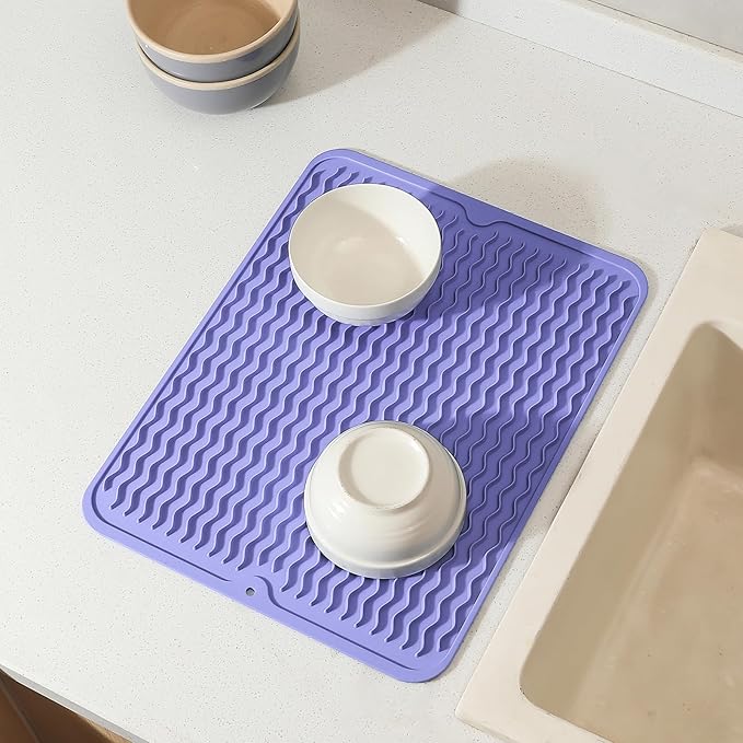 MicoYang Silicone Dish Drying Mat for Multiple Usage,Easy clean,Eco-friendly,Heat-resistant Silicone Mat for Kitchen Counter or Sink,Refrigerator or drawer liner Light Purple L 16 inches x 12 inches