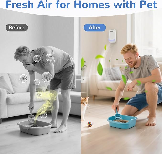Morrerfresh Cat Litter Deodorizer – 99% Odor Eliminator for Strong Pet Odors, Plug In Negative Ion Air Purifier for Litter Box, Home, Kitchen, Bathroom, Ozone-Free & Quiet Portable (Unscented)