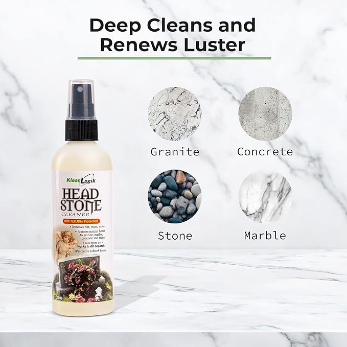 KleanLogik Headstone Cleaner For Graves & Memorials, Tombstone Cleaner Solution Removes Dirt & Plant Growth To Restore Natural Luster To Granite, Marble, Slate, Concrete, Limestone & Stone, 8 Fl Oz