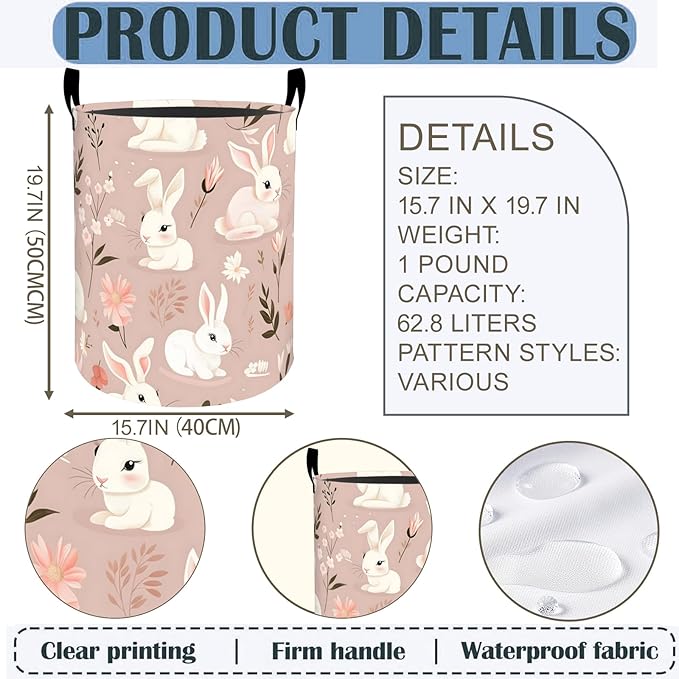 Cute Bunny Laundry Basket Hamper 19.7"x15.8", Pink Rabbit Foldable Waterproof Oxford Clothes Storage Bucket for Room Bathroom Bedroom Nursery Decor, Toy Organizer Bins Gifts for Kids Boys Girls