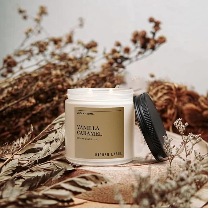 Hidden Label Vanilla Caramel Scented Candle, 12oz 2 Wick Non Toxic Candles for Home Scented, Natural Soy Wax Clean Burning Aromatherapy Candle, 70H Long Lasting for Gifts Stress Relief & Relaxation