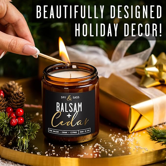 Balsam Candle, Christmas Candles Scented - 'Balsam + Cedar' Soy Candle, w/Balsam Fir, Cedar & Citrus - Infused with Essential Oils I Balsam Fir Candles I 9oz, 50Hr, Made in USA