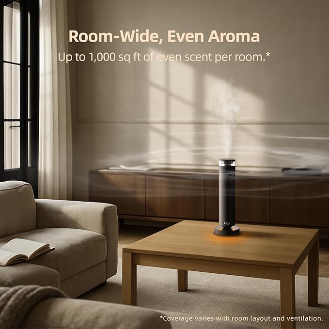 A5 Waterless Essential Oil Diffuser Starter Kit – 1000 Sq Ft Large Room Waterless Diffuser for Home, Hotel Scent Diffuser with Remote Control & Halo Light, Includes 4×40ml Oils, Black Aluminum
