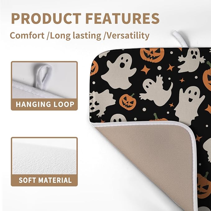 Wnoesat Halloween Dish Drying Mat for Kitchen Counter Pumpkin Spooky Ghosts Fall Dish Mat Absorbent Microfiber Reversible Dish Draining Mat Medium Dishes Pad 16 X 18 Inch