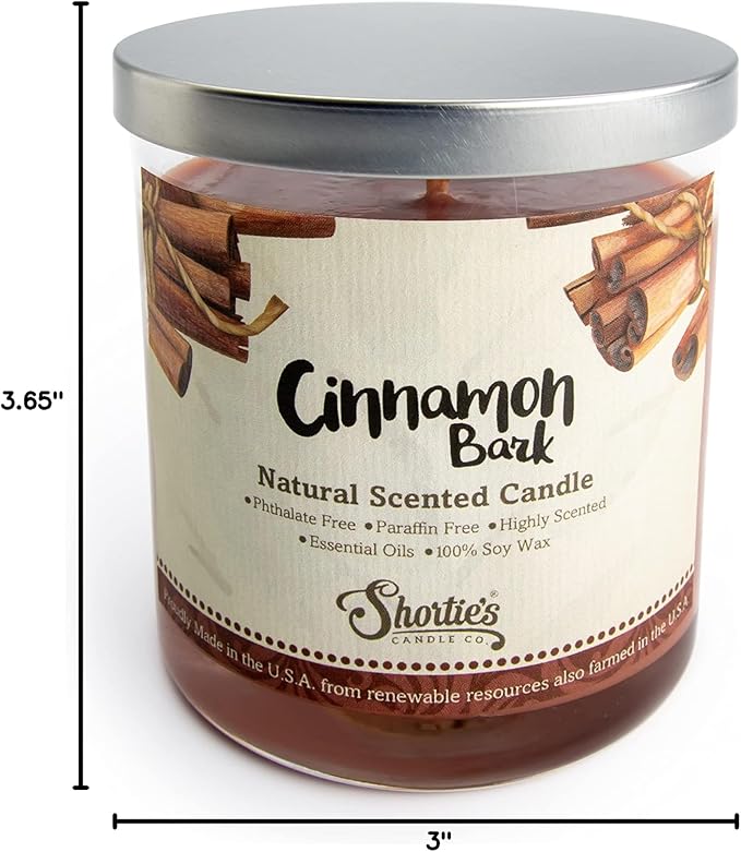 Cinnamon Bark Scented Natural Soy Candle, Essential Fragrance Oils, 100% Soy, Phthalate & Paraben Free, Clean Burning, 9 Oz.