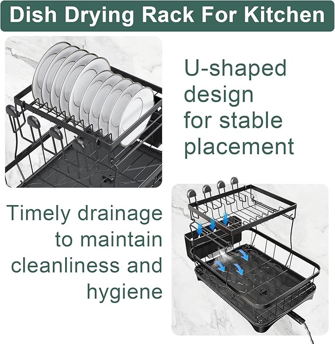 LIYI Dish Drying Rack,Large Dish Rack for Kitchen Counter,2-Tier Dish Racks with draining Tray,Detachable Capacity Dish Drainer Organizer,Black