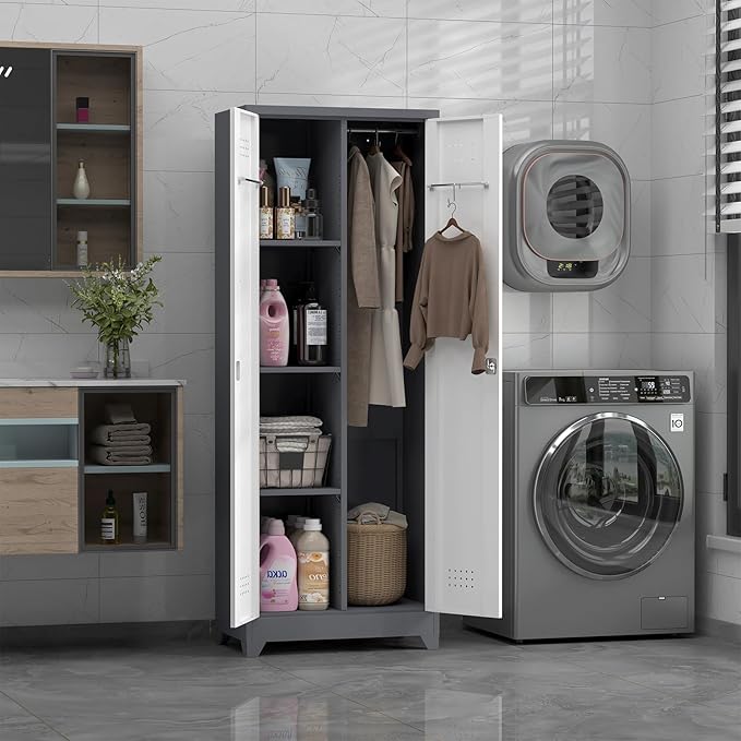 65" H Metal Garage Storage Cabinets with Doors and Shelves, Locking Cabinet, Broom Closet Storage Cabinets with Hanging Rod, Functional Tool Cabinet for Home, Garage, Kitchen