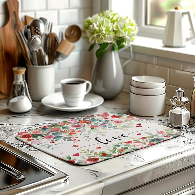 Wnoesat Valentines Day Love Heart Rose Eucalyptus Leaves Dish Drying Mat for Kitchen Counter 16x18 Inch Spring Valentine Microfiber Absorbent Dish Drainer Mats Reversible Drying Pad