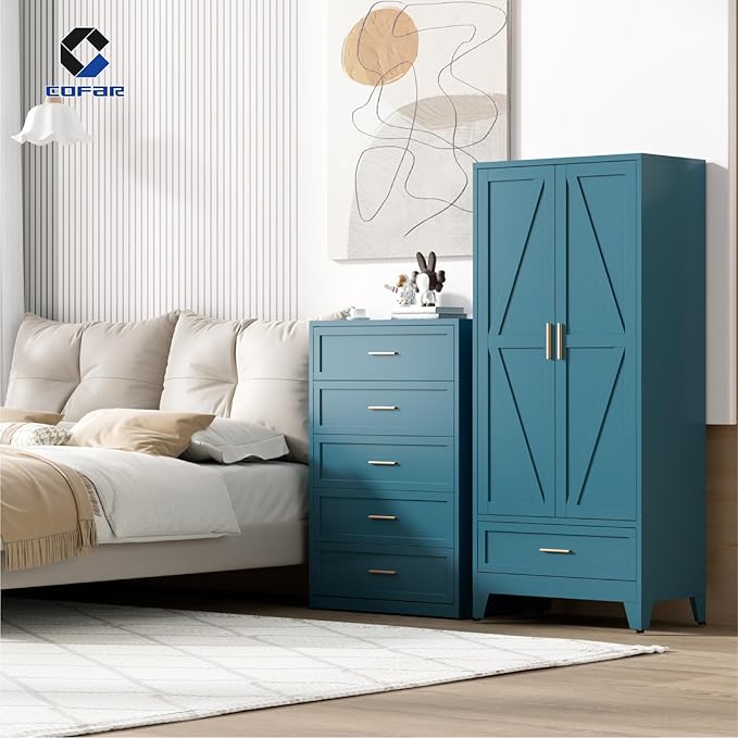 COFaR Metal Armoire Wardrobe Closet with Drawer, 71'' Tall Farmhouse Bedroom Armoires with Doors and Hanging Rod, Freestanding Steel Wardrobe Cabinet Coat Closet for Bedroom, Peacock Blue