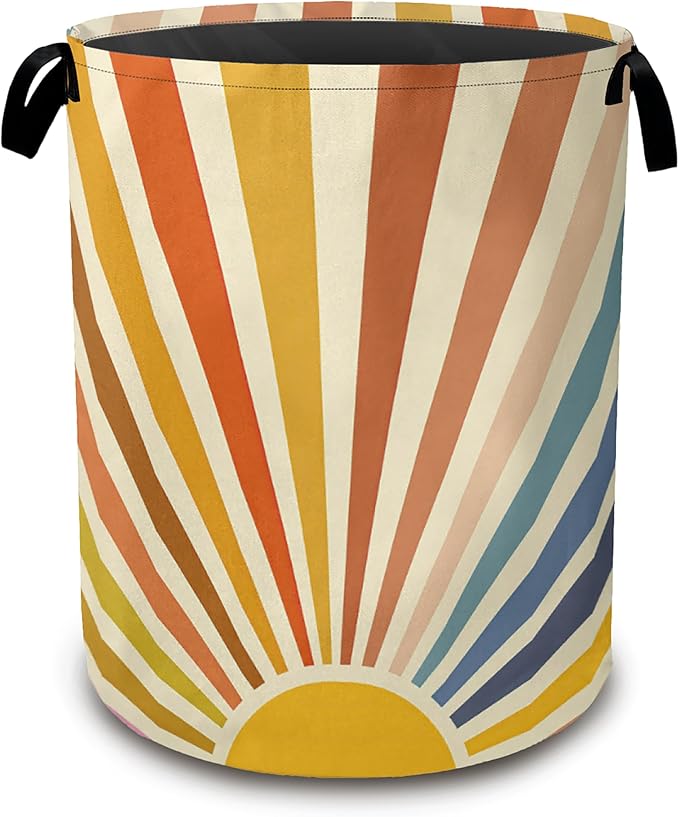Colorful Boho Laundry Basket,Sunrise Rainbow Collapsible Laundry Baskets with Handles,Waterproof Oxford Cloth Storage Basket 16"x20" for Bathroom/Bedroom/Dormitories