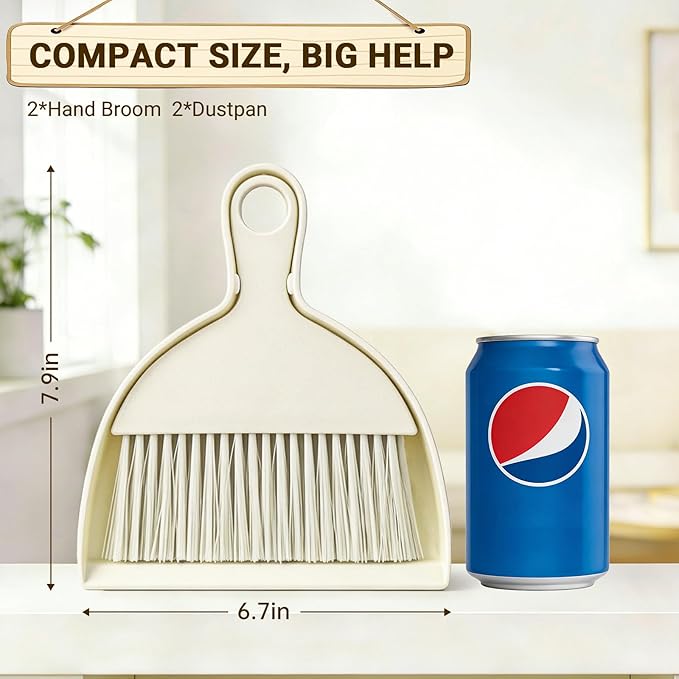 THINKLEARN 2PCS Mini Broom and Dustpan Set, Small Dustpan and Brush, Compact Hand Broom Dust Pan Set for Cleaning, Beige