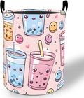 Bubble Tea Laundry Basket Hamper 19.7"x15.8", Boba Drink Foldable Waterproof Oxford Clothes Storage Bucket for Room Bathroom Bedroom Nursery Decor, Toy Organizer Bins Gifts for Kids Boys Girls