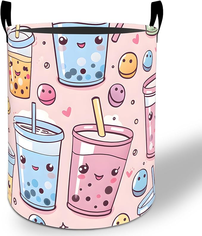 Bubble Tea Laundry Basket Hamper 19.7"x15.8", Boba Drink Foldable Waterproof Oxford Clothes Storage Bucket for Room Bathroom Bedroom Nursery Decor, Toy Organizer Bins Gifts for Kids Boys Girls