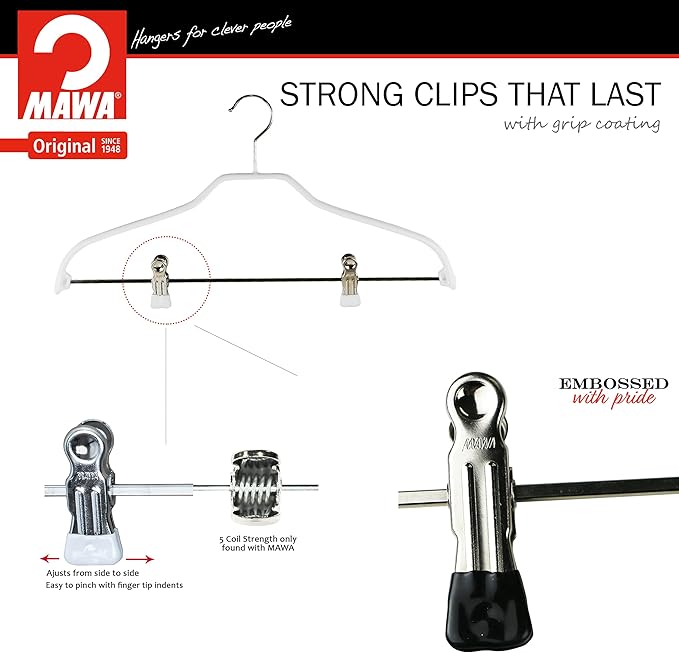 Mawa by Reston Lloyd Silhouette Series Non Slip Space Saving Hanger with Pant Clips, Style 40/FK,Set of 5, White