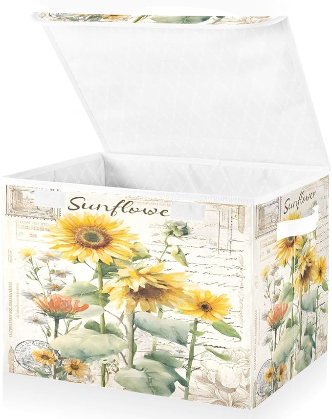 Bolaz Storage Bins with Lids and Handles,Sunflower Stamp Storage Box Basket with Cover Collapsible Organizer Containers for Home Closet, Shelves