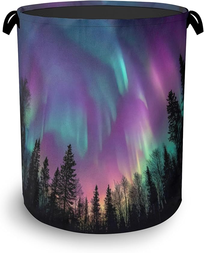 Aurora Forest Laundry Basket,Foldable with Handles Tote Bag Oxford Cloth for Bathroom Bedroom Dirty Clothes Storage Bucket 16" x 20.8"