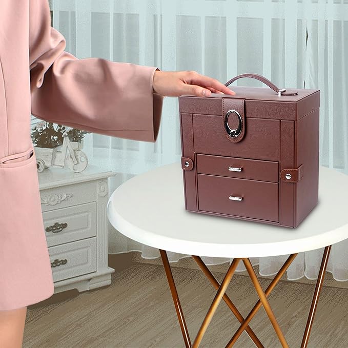 Kendal Jewelry Box for Women, Leather Jewelry Organizer with 2 Drawers and Mirror, Portable Travel Case for Necklace, Ring, Jewelry LJC08BRN