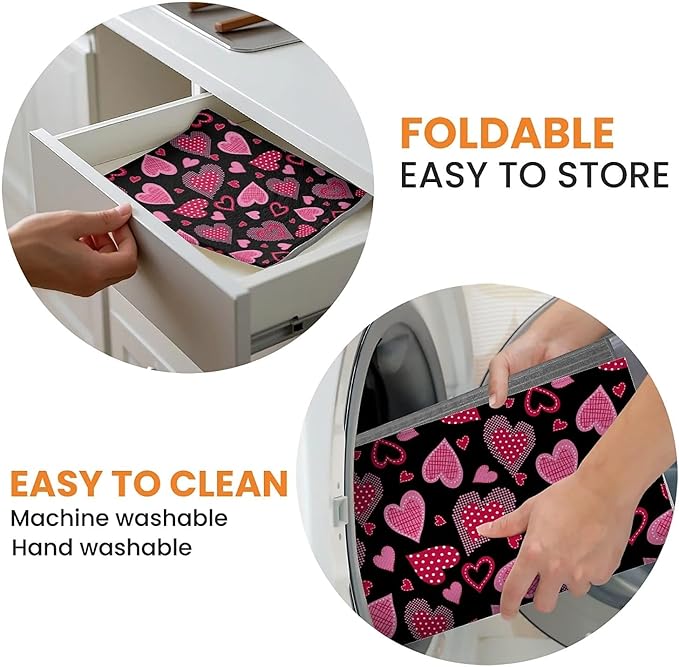 Dish Drying Mat For Kitchen Counter, Pink Love Heart Microfiber Absorbent Dish Drainer Rack Pad Reusable Large 18x24in Drying Mat