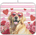 Happy Valentine's Day Pink Dish Drying Mat for Kitchen Countertop 18x24 Love Golden Retriever Dog Flowers Large Drying Mat Reusable Quick Dry Dish Sink Mats Easy Clean Decorative Essentials