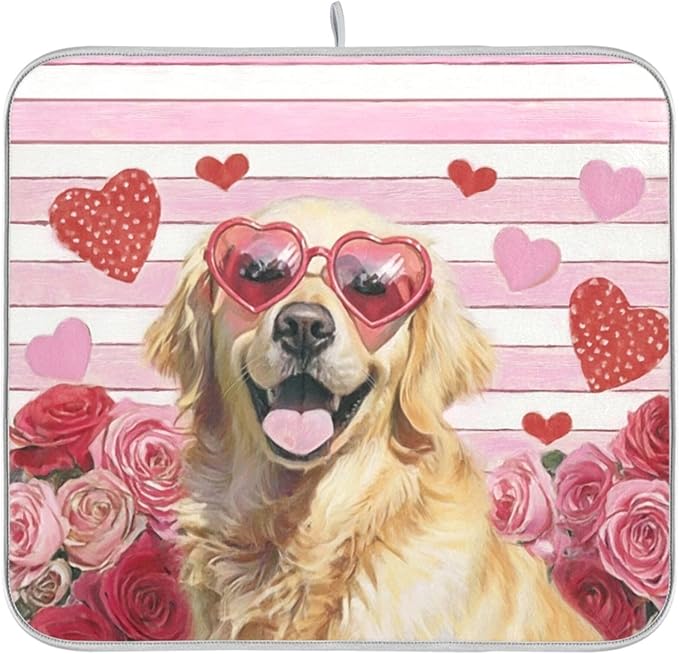 Happy Valentine's Day Pink Dish Drying Mat for Kitchen Countertop 16x18 Love Golden Retriever Dog Flowers Small Drying Mat Reusable Quick Dry Dish Sink Mats Easy Clean Decorative Essentials