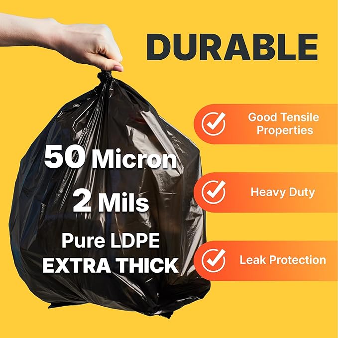 Bagtron 55-60 Gallon Trash Bags, 50 Micron Heavy Duty Pure LDPE Garbage Can Liners, 36" x 58" Large, Black, 50 Count