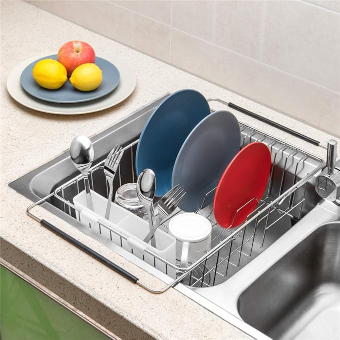 SANNO Large Expandable Dish Drying Rack Sink Dish Rack in Sink or On Counter, Dish Drainer Rustproof Stainless Steel with White Utensil Silverware Storage Holders