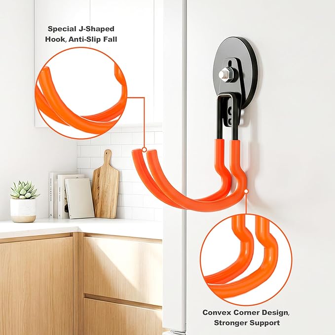 Heavy Duty Magnetic Utility Hooks ，J-Type Storage Hooks, with Anti-Slip Layer, Suitable for Metal Cabinets, Hanging Boards, Garage Shelves, Gardening Tools (Orange 4 pcs)
