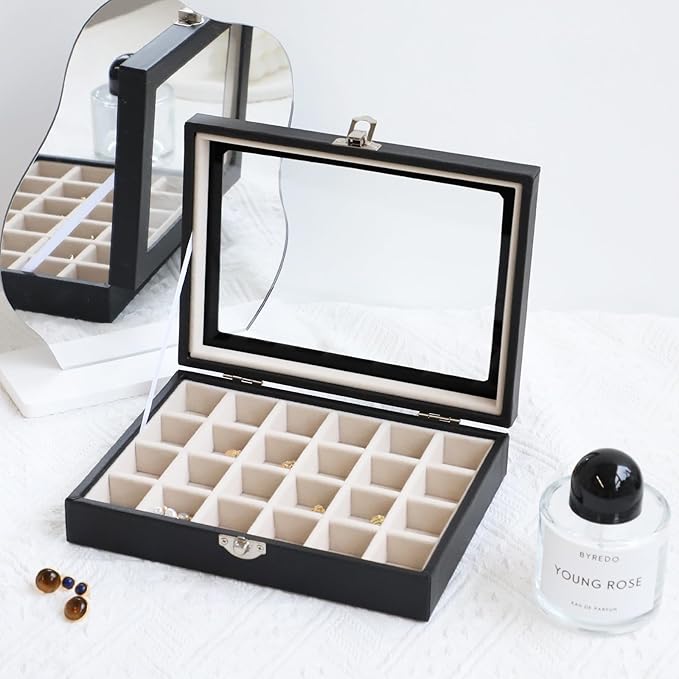 Wudygirl 24 Grid Jewelry Box Velvet Jewelry Organizer with Clear Lid Ring Holder for Drawers Earring Holder Organizer Ring Storage Jewelry Display Case for Women Girls (Beige)