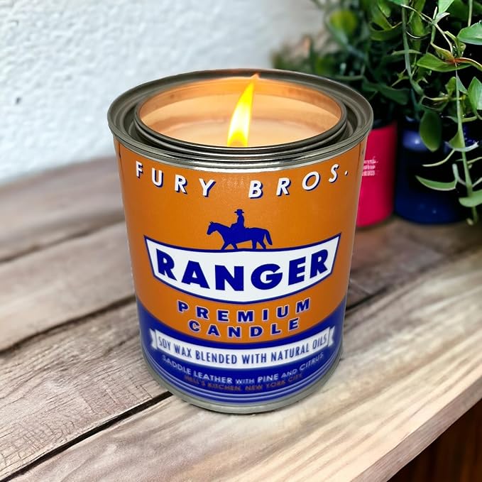 Fury Bros. Scented Candles for Men | Ranger | Saddle Leather Pine Citrus | Natural Soy Wax | Hand-Poured in The USA | Long 70-80 Hour Burn (12.5 oz) | Vintage-Inspired Tin Design | Dad Home Gift