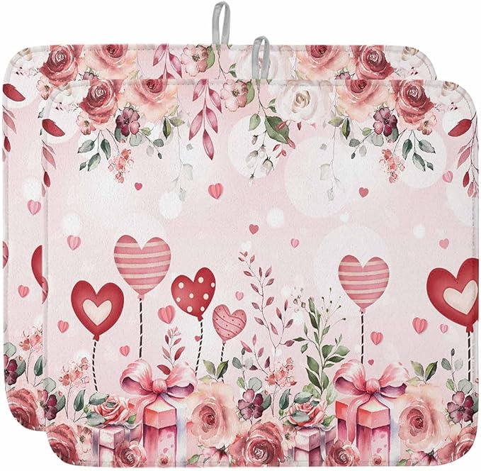 Valentine's Day Dish Drying Mat for Kitchen Counter Pink Love Heart Drying Pad Absorbent Drying Mats for Countertops Sinks Draining Racks Rose Gift Drainer Valentines Holiday Decorations 16x18 Inch