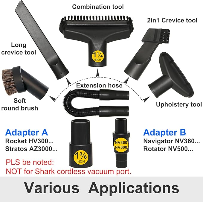 Kodahome Vacuum Attachments Compatible with Shark Corded Vacuums, Navigator NV350 NV360 Rotator NV501 Rocket HV300 Stratos..., 1 1/4" Accessories with Hose Adapters (Car Detailing Kit A)