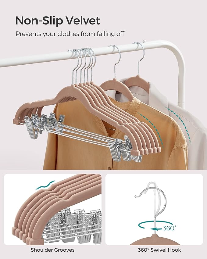 SONGMICS 30-Pack Pants Hangers, 16.7-Inch Long Velvet Hangers with Adjustable Clips, Heavy-Duty, Non-Slip Skirt Hangers, Space-Saving for Pants, Skirts, Coats, Dresses, Pale Brown UCRF012LB30