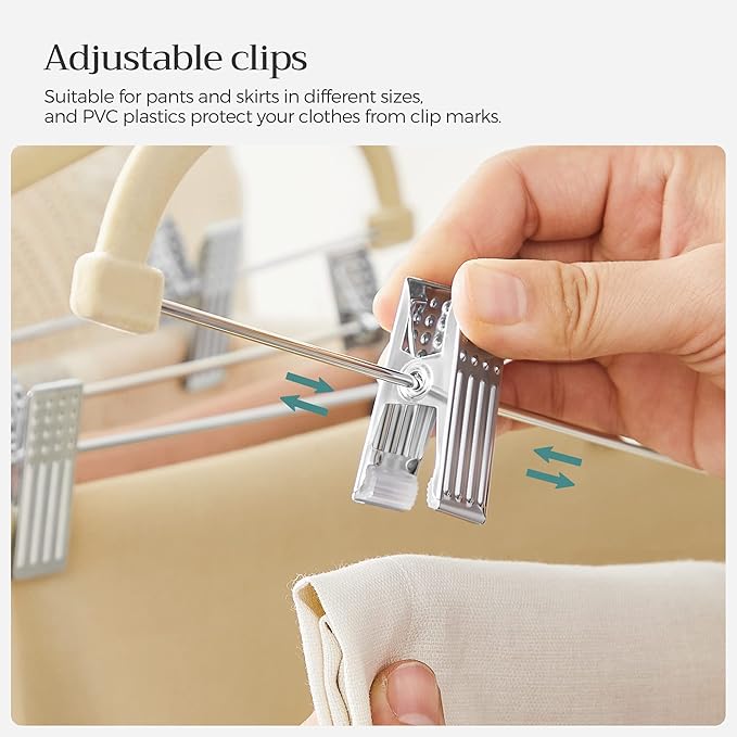SONGMICS 30 Pack Pants Hangers, 16.7 Inches Long Velvet Trousers Hangers with Adjustable Clips, Heavy-Duty, Non-Slip, Space-Saving for Pants, Skirts, Coats, Dresses, Tank Tops, Sandy Beige UCRF012M30