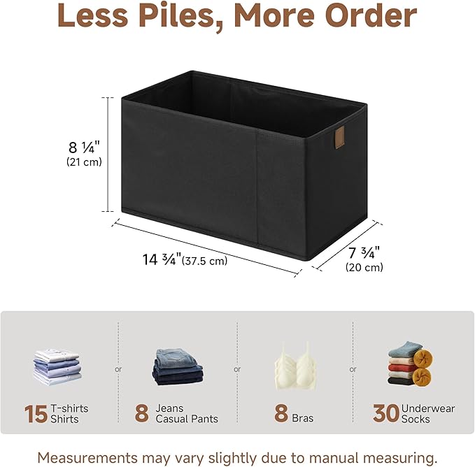 StorageWorks Narrow Baskets for Storage, Fabric Storage Bins, Small Baskets for Organizing with PU Handle, Great for Clothes, Books, and Laundry Items, Black, 2-Pack