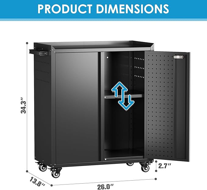 Metal Storage Cabinet on Wheels,Lockable Garage Storage Cabinet with Wheels Pegboard Pushing Hand for Office Home Warehouse, Assembly Required, Black,13.8 "D x 26" W x 34.3" H