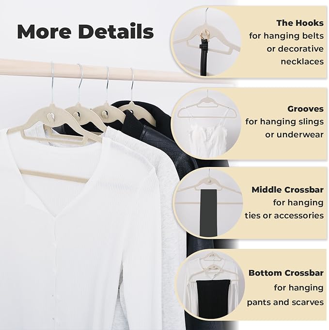 Limogoo Ivory Velvet Hangers 50 Pack, Felt Covered Non Slip Fabric with Stackable Cascading Hook, Ultra Thin and Space Saving with 360° Swivel Neck, 15Lbs Capacity for Clothes, Suit, Shirt, Coat