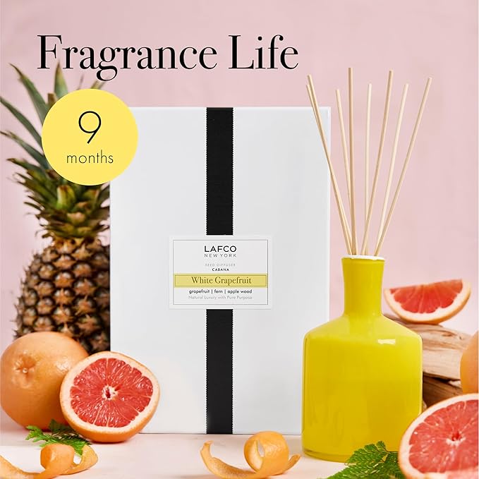 LAFCO New York Signature Reed Diffuser, White Grapefruit - 15 oz - Up to 9 Months Fragrance Life - Reusable, Hand Blown Glass Vessel - Natural Wood Reeds - Made in The USA