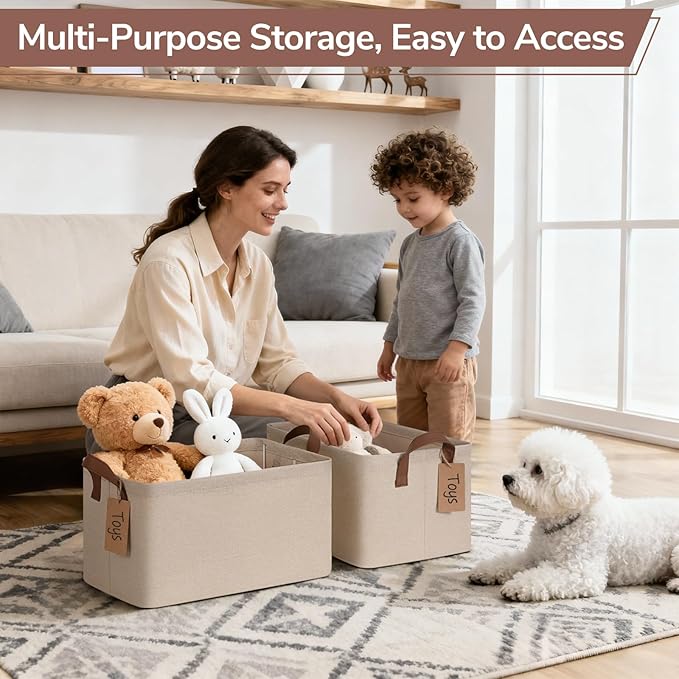 CHICVITA 4 Pack Storage Baskets for Shelves, Foldable Closet Organizer Bins with Handles, Toy Storage Basket for Nursery Living Room, 14.8" x 10.3" x 8.3", Brown