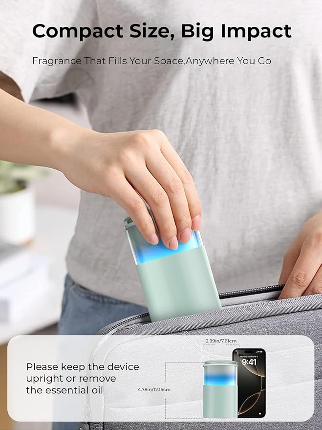 Waterless Diffuser for Essential Oil: Mini Battery Scent Diffuser for Room&Home&Car with 9 Colors LED Light - Aroma Cool Mist Machine Light Cyan