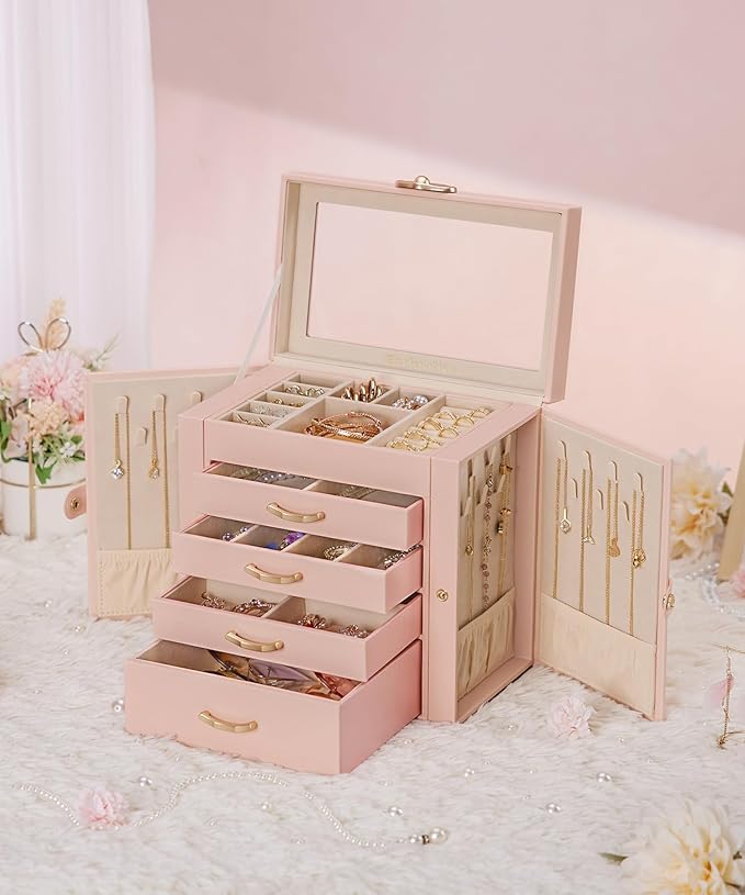 Jewelry Box with 4 Drawers : Display Organizer for Earrings Necklaces - Christmas Gifts for Girls Women (Peach Pink)