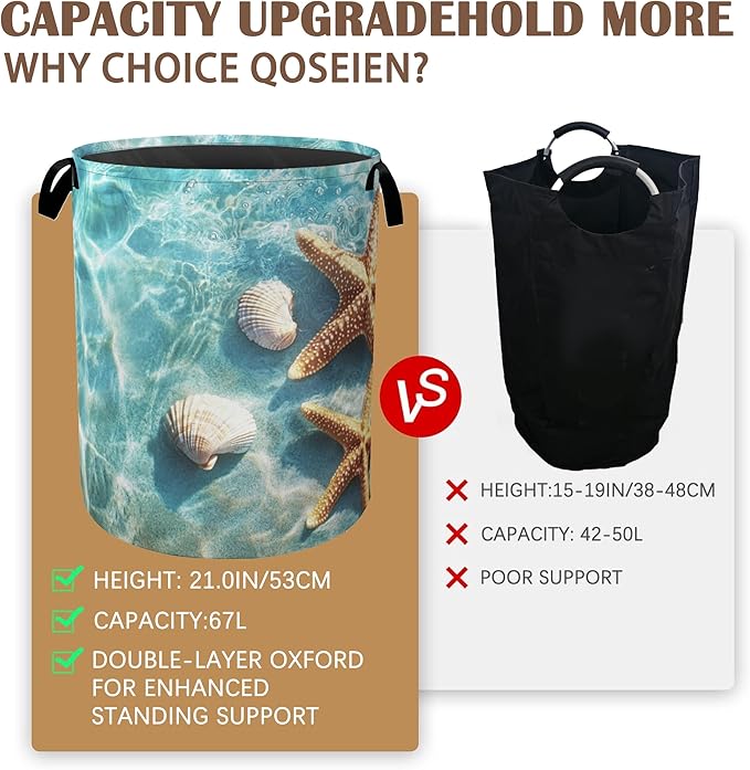 Starfish Shells Laundry Basket,Sea Beach Collapsible Laundry Baskets with Handles,Waterproof Oxford Cloth Storage Basket 16"x20" for Bathroom/Bedroom/Dormitories