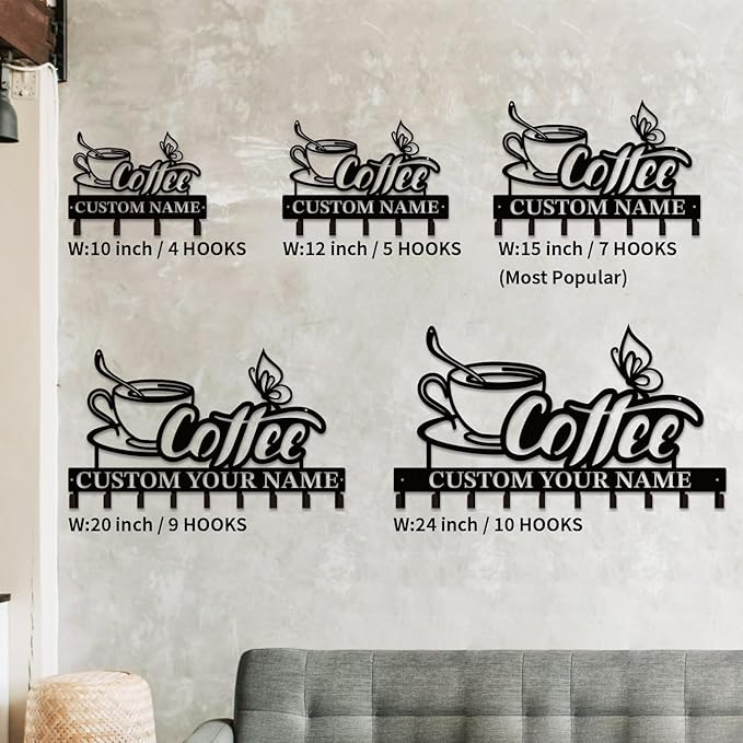 Personalized Custom Name Coffee Bar Wall Keys Hooks,Metal Coffee Shop Art Clothes Hooks,Metal Coffee Lover Wall Home Storage Decorative,For Front Door, Hallway, Kitchen, Bedroom,Keys,Hats (Style G)