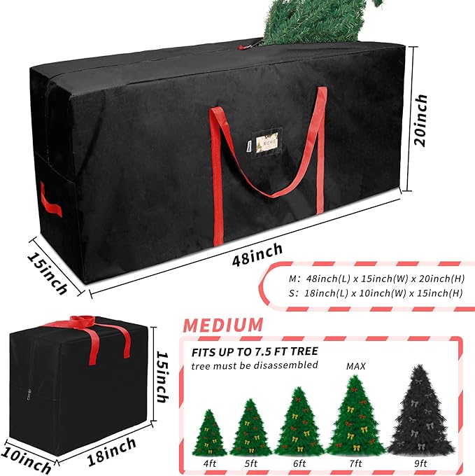 Christmas Tree Storage Bag 7.5ft (3pc Set), Fits Up to 7 Foot Artificial Trees, 600D Oxford Tear-proof Xmas Bag, Reinforced Handles & Zippered, Durable Holiday Decoration Storage, Black